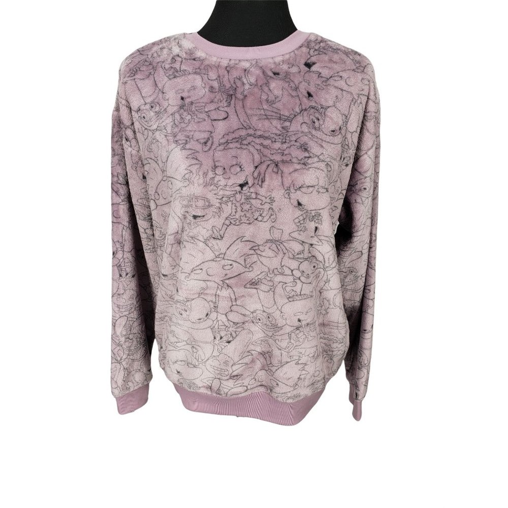 Nickelodeon 90s Womens Velour Soft Purple Pullover Sweater Medium